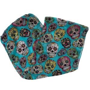 Colorful Sugar Skull Scarf Teal Day of the Dead Lightweight Rectangular